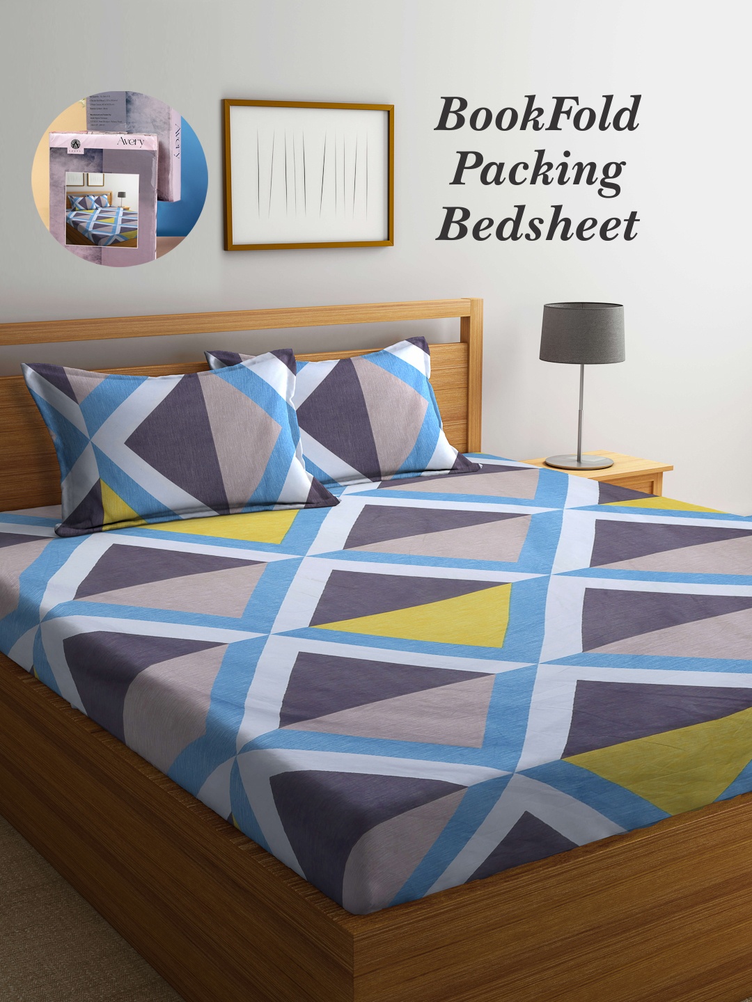 

Arrabi Bookfold Grey & Blue Geometric Printed 300 TC King Bedsheet & Pillow Covers