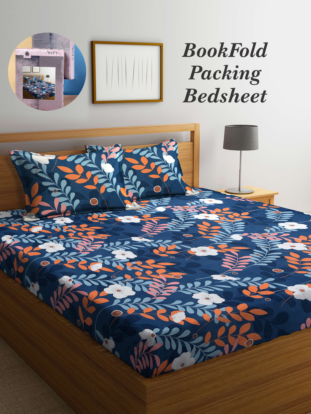 

Arrabi Bookfold Blue & Orange Floral Printed 300 TC King Bedsheet With 2 Pillow Covers