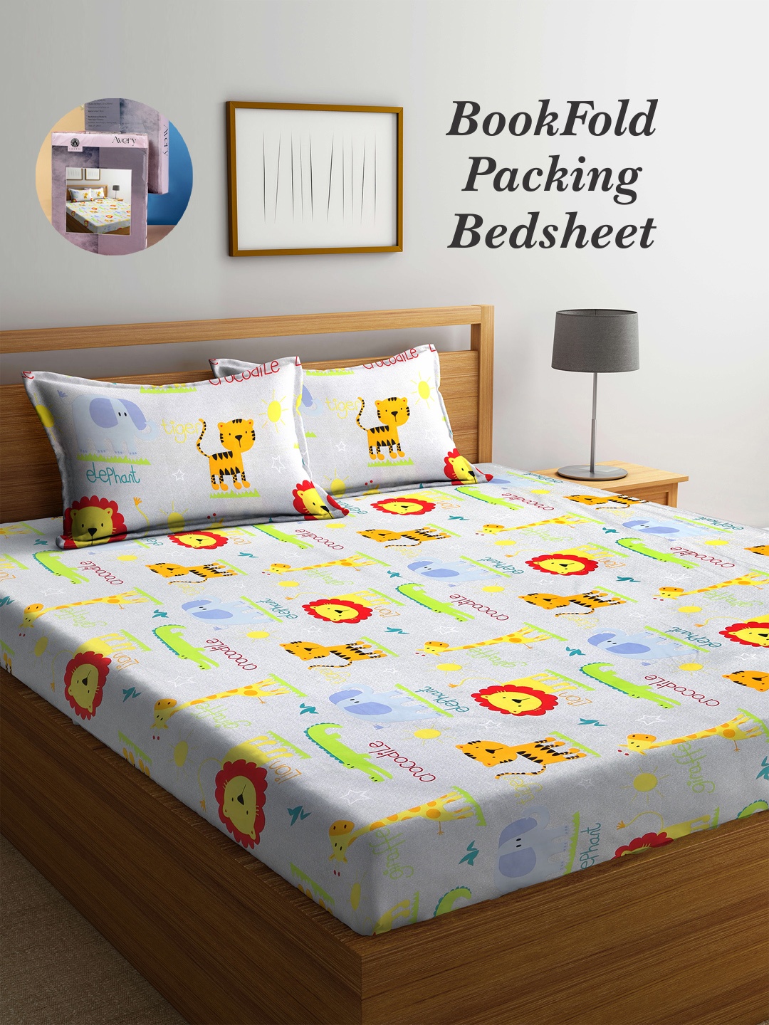 

Arrabi Bookfold Grey & Yellow Conversational 300 TC King Bedsheet With 2 Pillow Covers