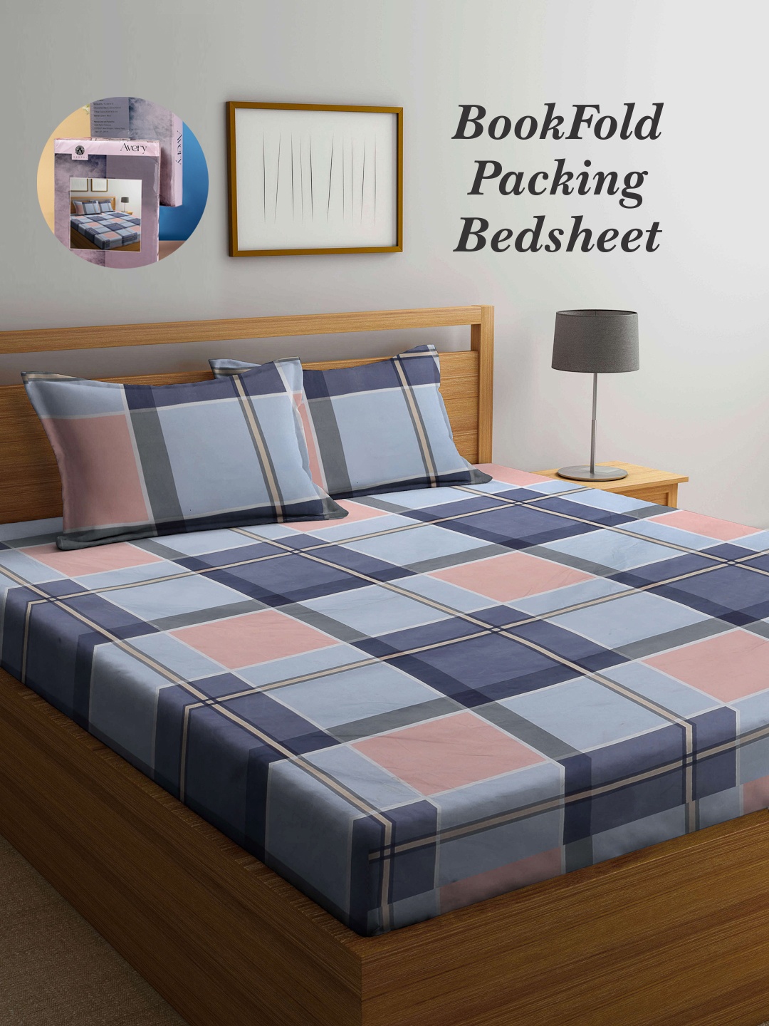 

Arrabi Bookfold Blue & Pink Geometric Printed 300 TC King Bedsheet & Pillow Covers