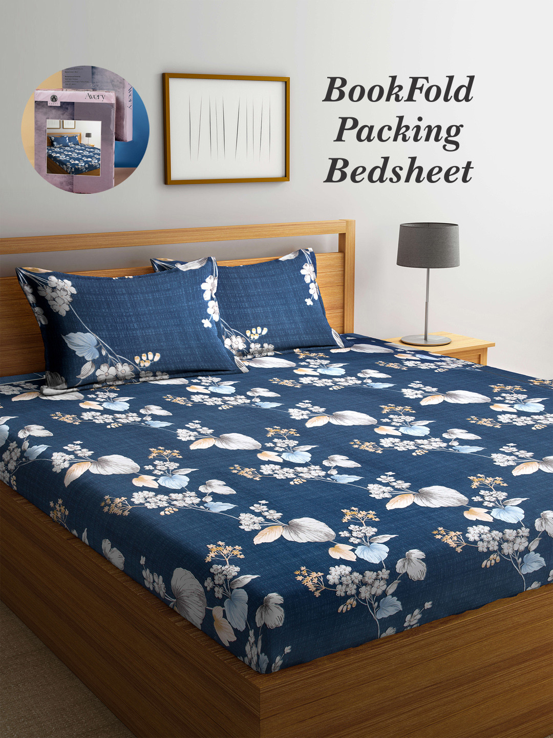 

Arrabi Bookfold Blue & White Floral Printed 300 TC King Bedsheet With 2 Pillow Covers