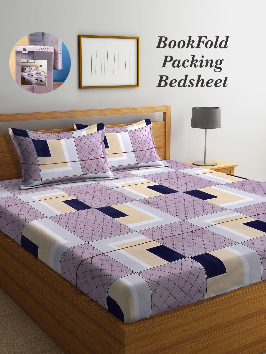 

Arrabi Bookfold Lavender & Navy Blue Geometric 300 TC King Bedsheet With 2 Pillow Covers