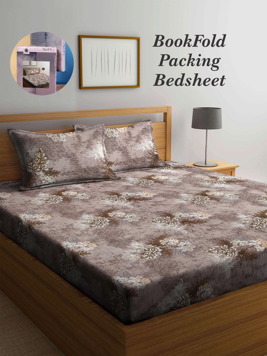 

Arrabi Bookfold Brown & White Floral Printed 300 TC King Bedsheet With 2 Pillow Covers