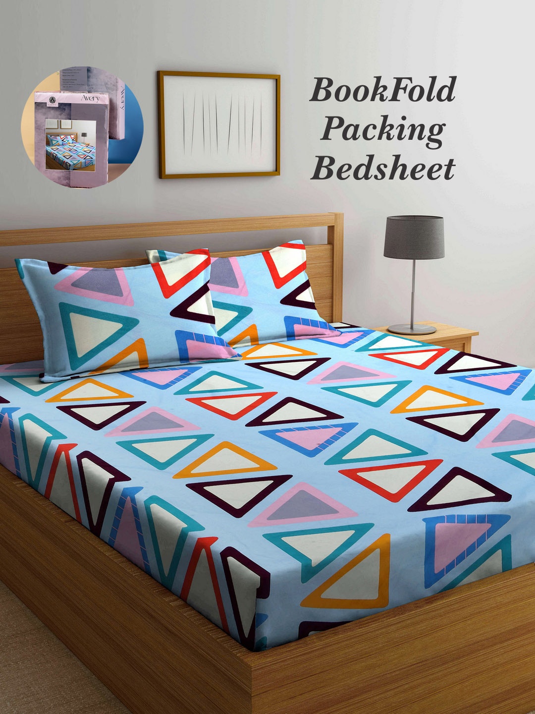 

Arrabi Bookfold Blue & Pink Geometric Printed 300 TC King Bedsheet & Pillow Covers