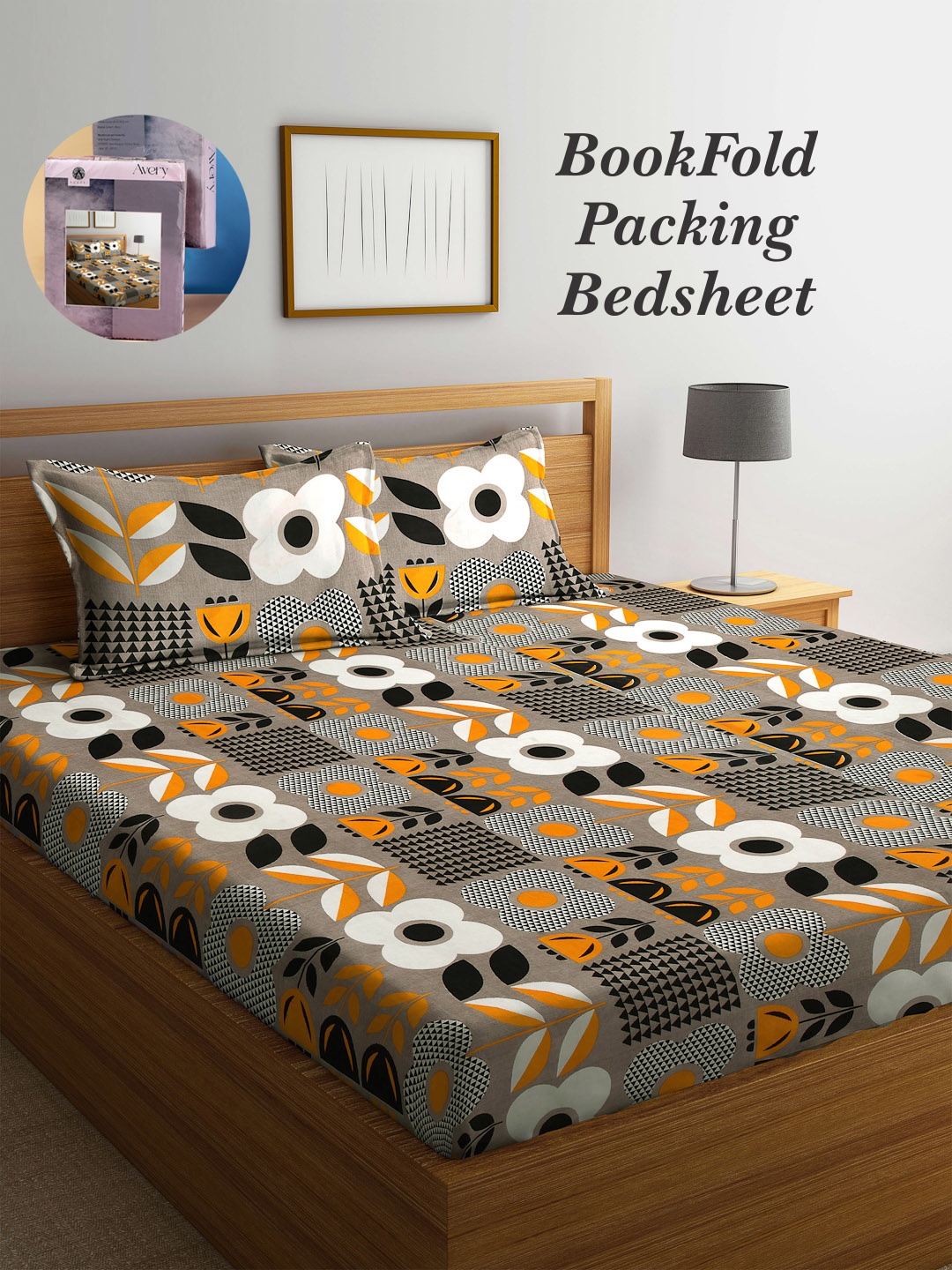 

Arrabi Bookfold Grey & White Floral Printed 300 TC King Bedsheet With 2 Pillow Covers
