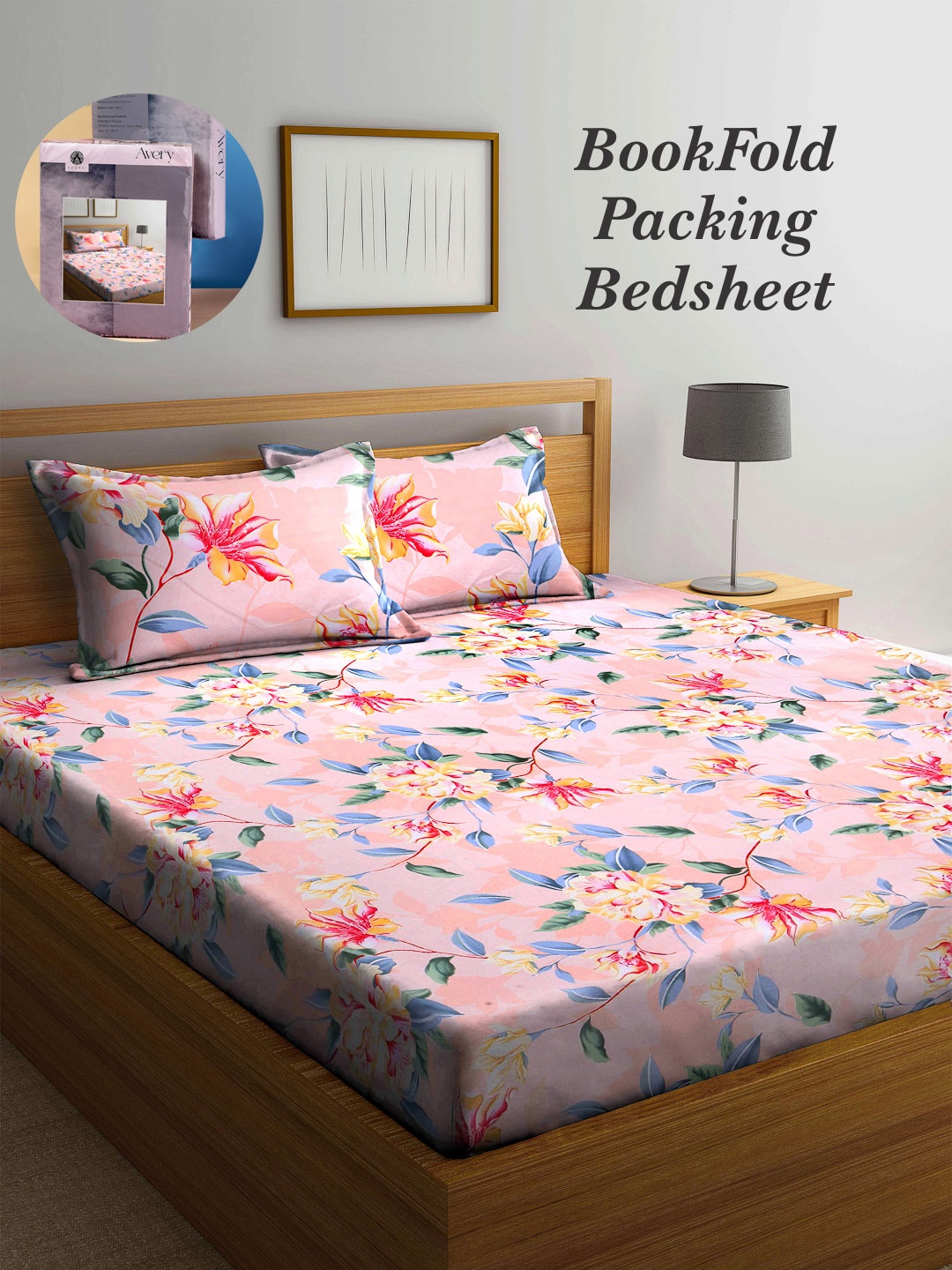 

Arrabi Bookfold Peach-Coloured & Blue Floral Printed 300 TC King Bedsheet & Pillow Covers