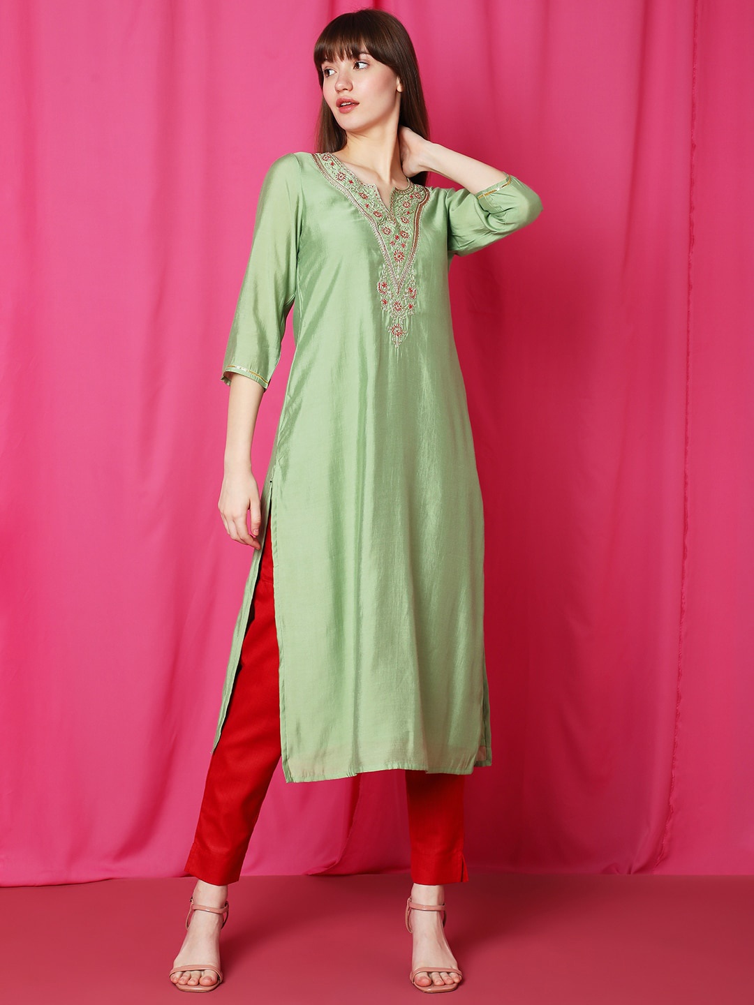 

Indifusion Ethnic Motifs Yoke Design Zari Kurta, Green