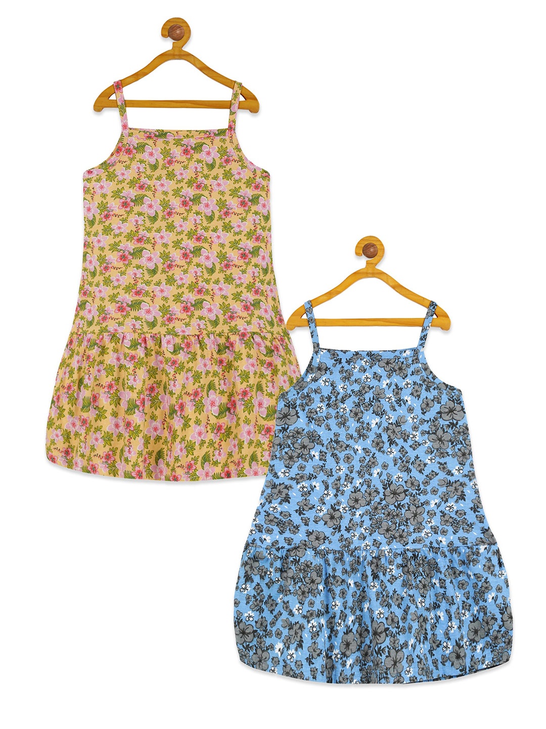 

KiddoPanti Girls Pack of 2 Floral Print Cotton A-Line Dress, Yellow