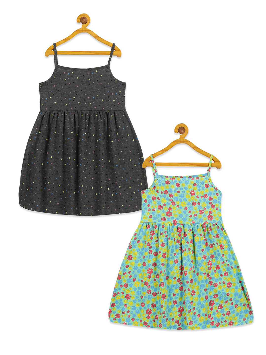 

KiddoPanti Girls Pack of 2 Floral Printed Pure Cotton Fit & Flare Dress, Charcoal