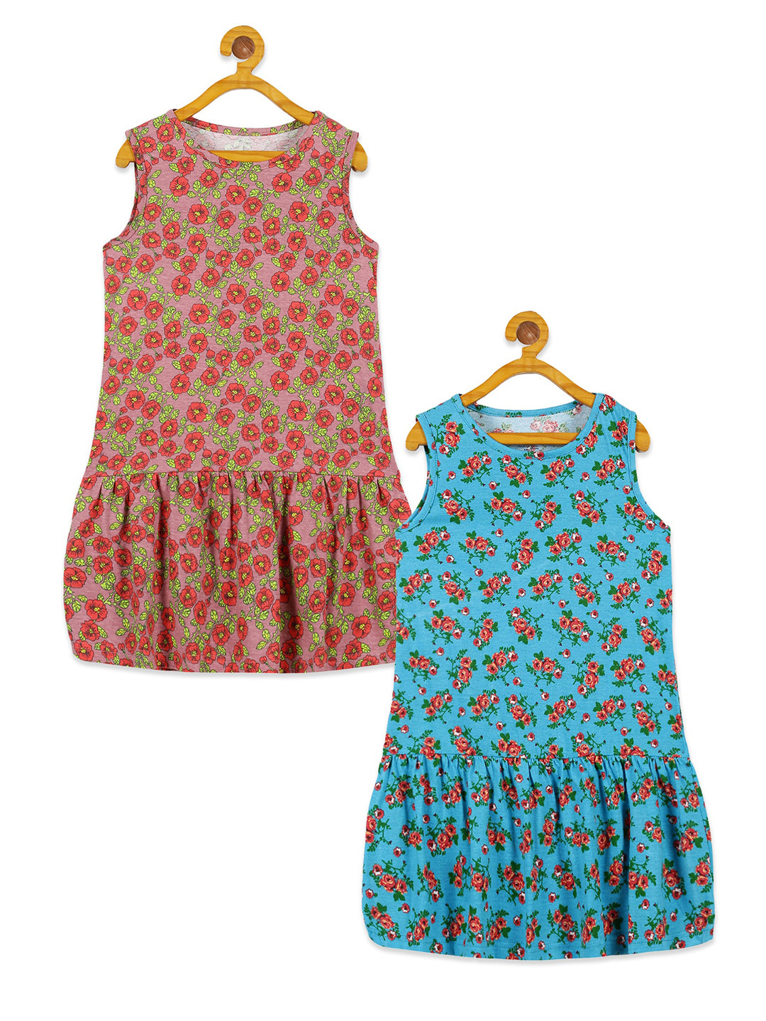 

KiddoPanti Girls Pack of 2 Floral Printed Pure Cotton Drop-Waist Dress, Pink