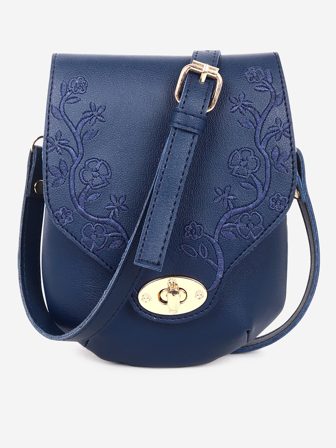 

Black Spade Blue Floral Embroidered Textured Structured Sling Bag, Navy blue