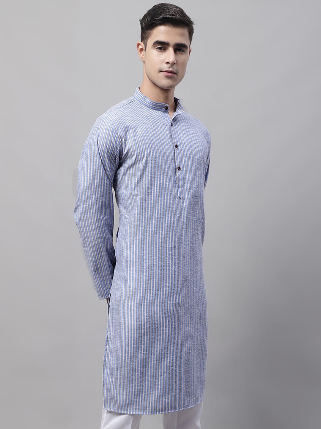 

Jompers Striped Mandarin Collar Pure Cotton Kurta, Blue