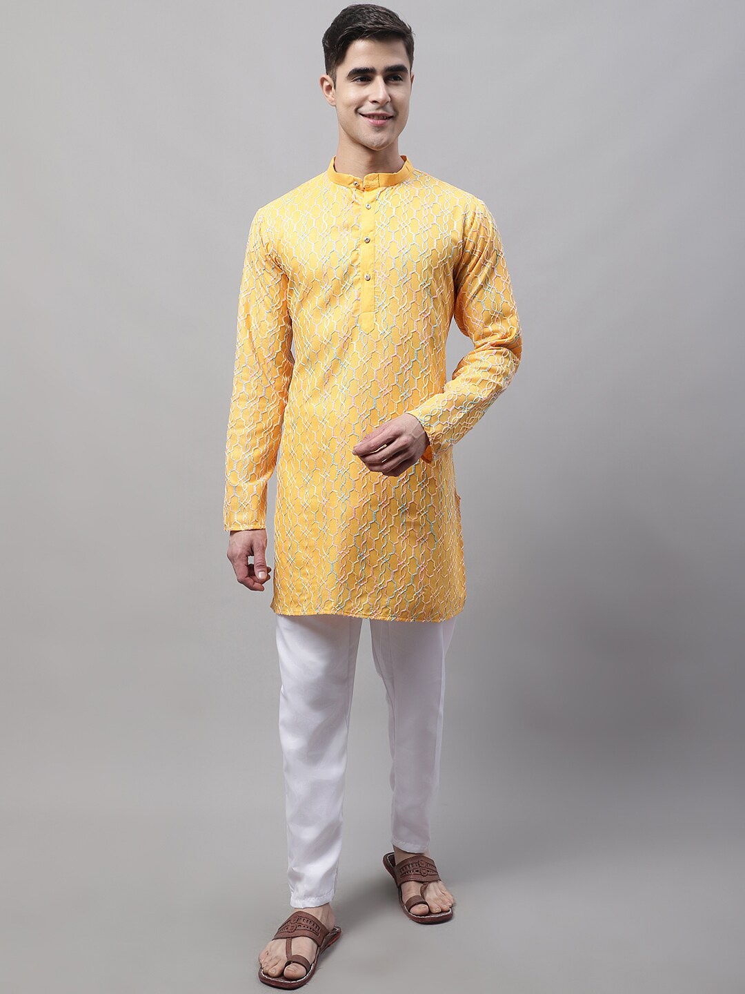 

Jompers Embroidered Mandarin Collar Thread Work Straight Kurta, Yellow