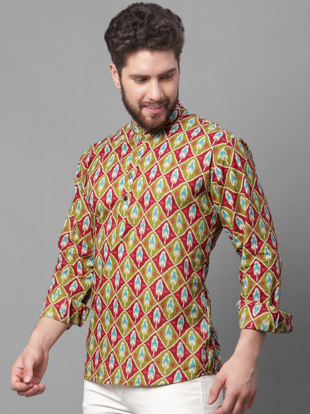 

Jompers Tribal Printed Mandarin Collar Ikat Pure Cotton Kurta, Olive