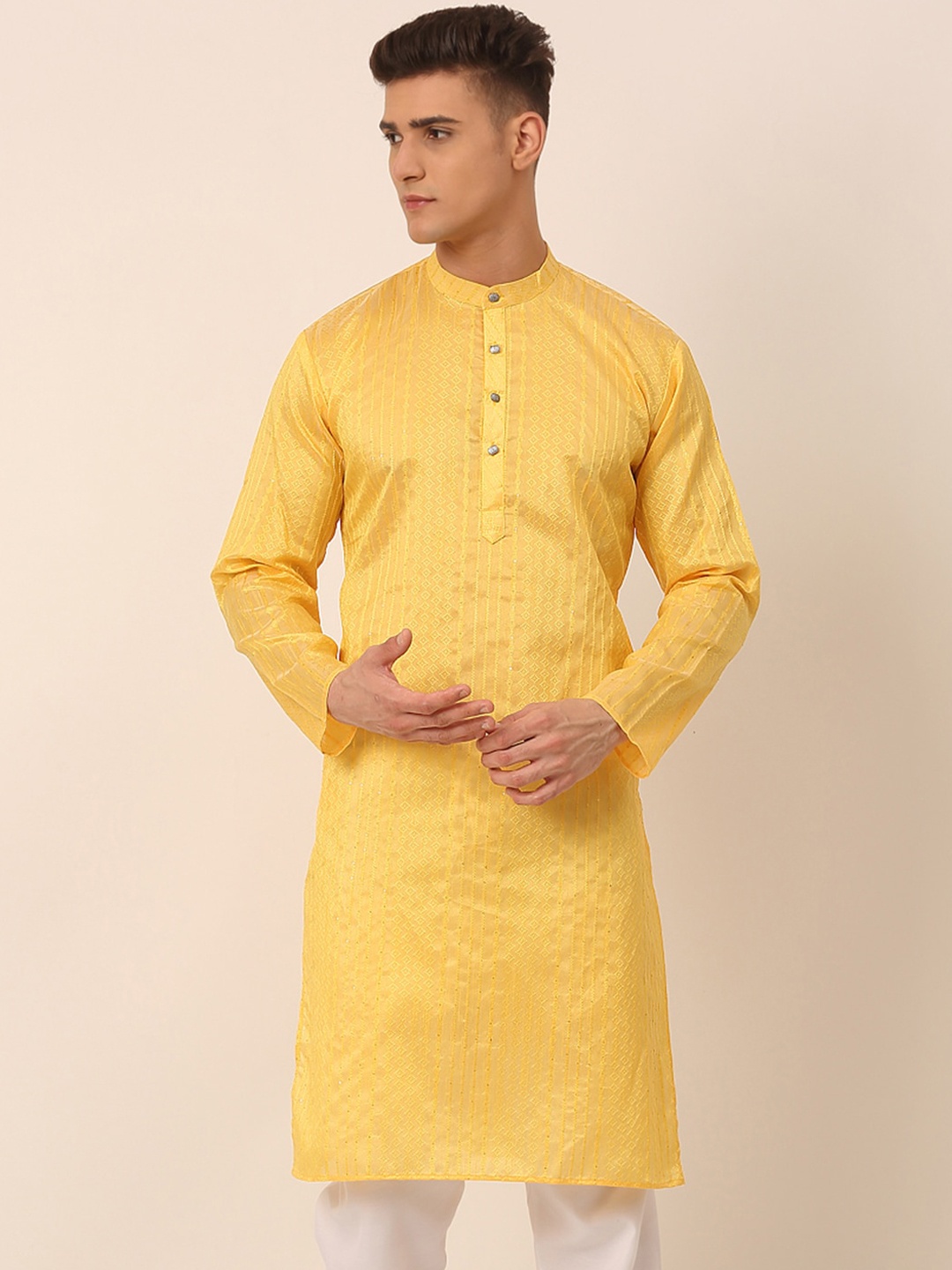 

Jompers Striped Embroidered Mandarin Collar Sequinned Straight Kurta, Yellow