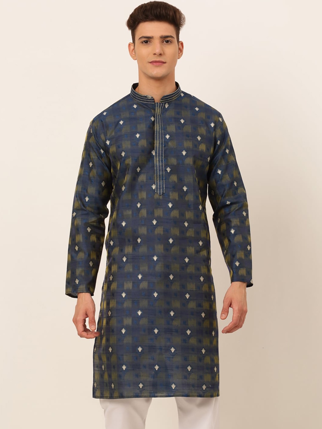 

Jompers Ethnic Motif Woven Design Mandarin Collar Straight Kurta, Navy blue