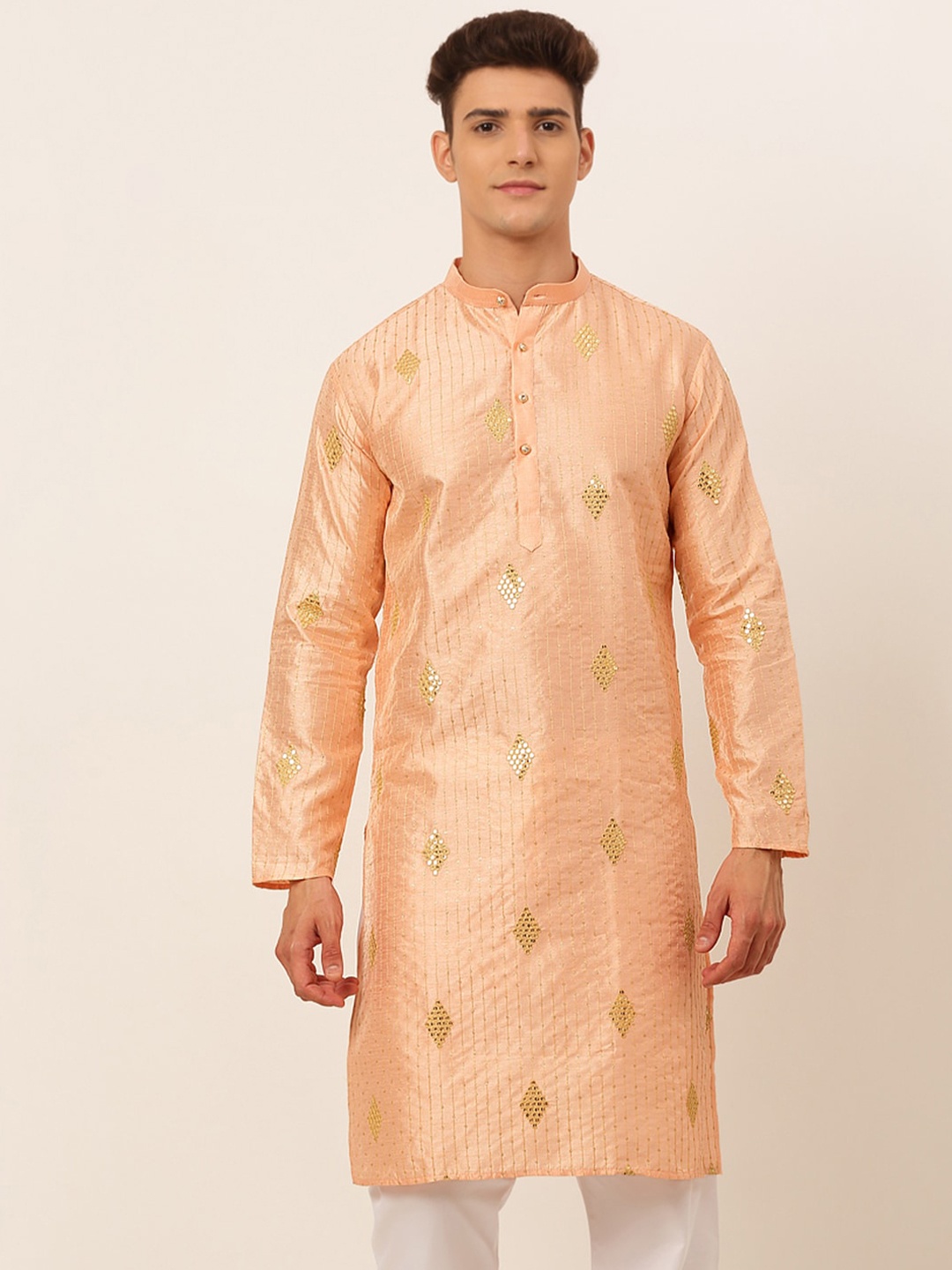 

Jompers Ethnic Motif Embroidered Mandarin Collar Sequinned Kurta, Peach
