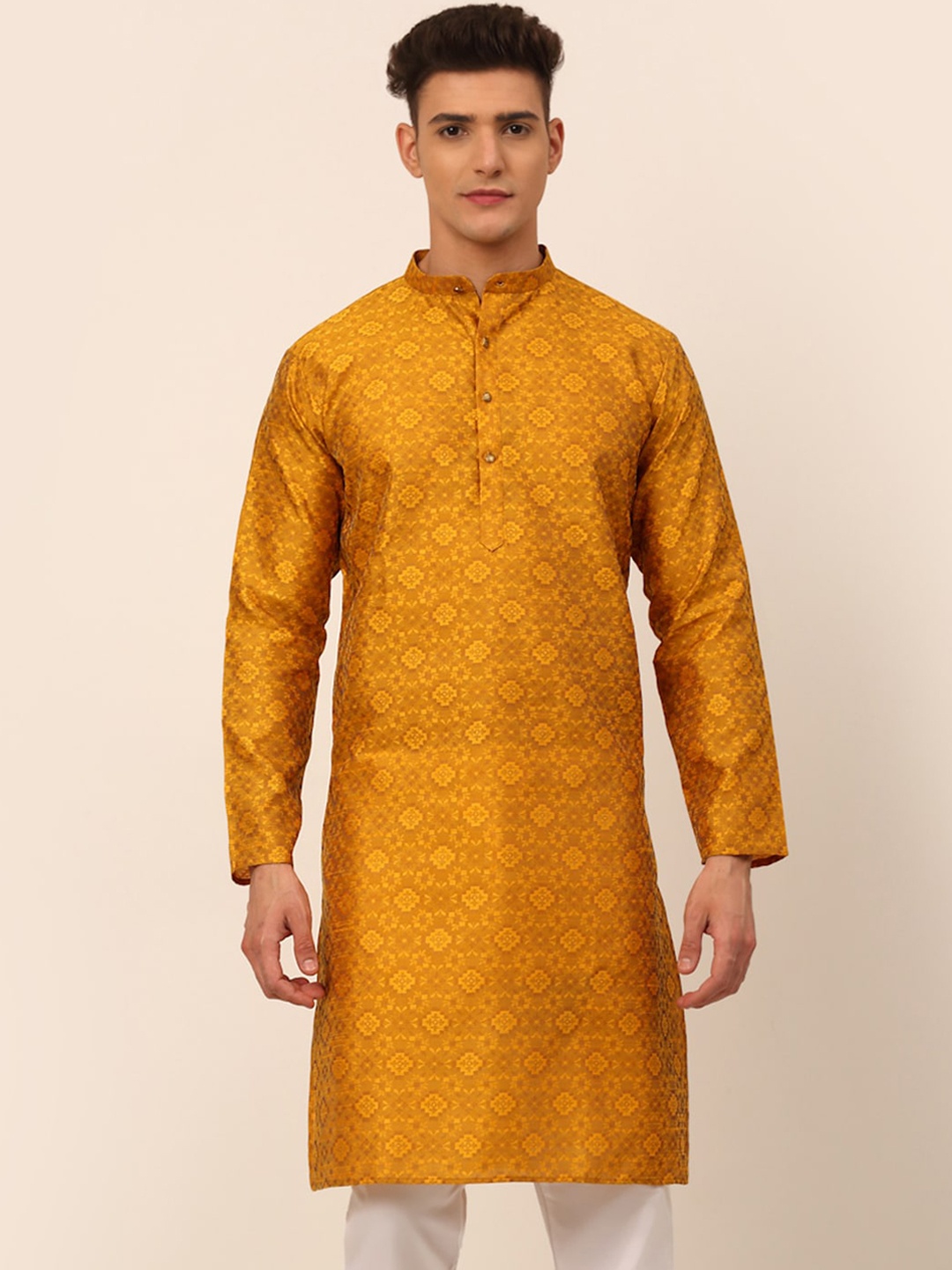 

Jompers Ethnic Motifs Woven Design Mandarin Collar Straight Kurta, Mustard