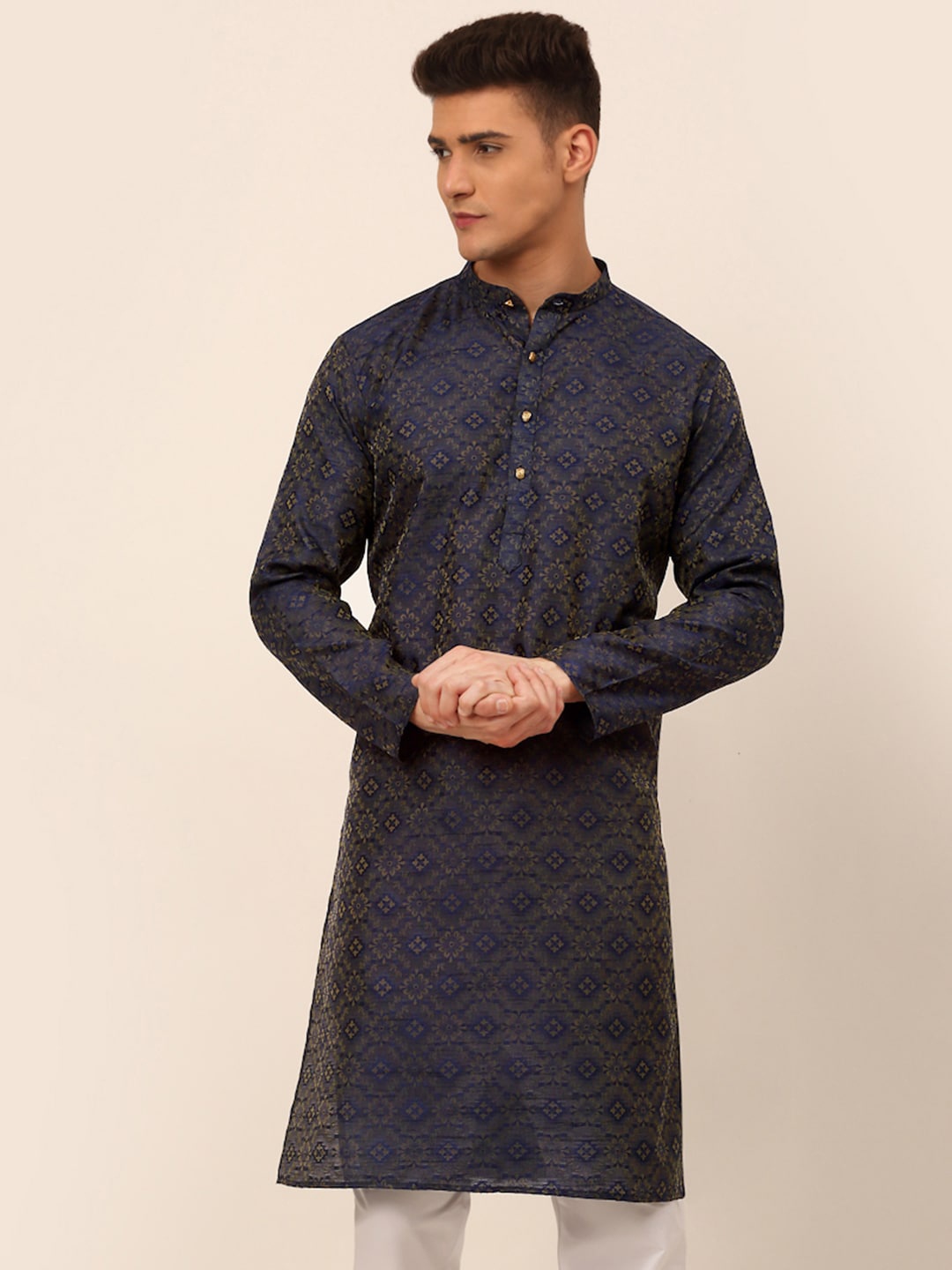 

Jompers Ethnic Motif Woven Design Mandarin Collar Straight Kurta, Navy blue
