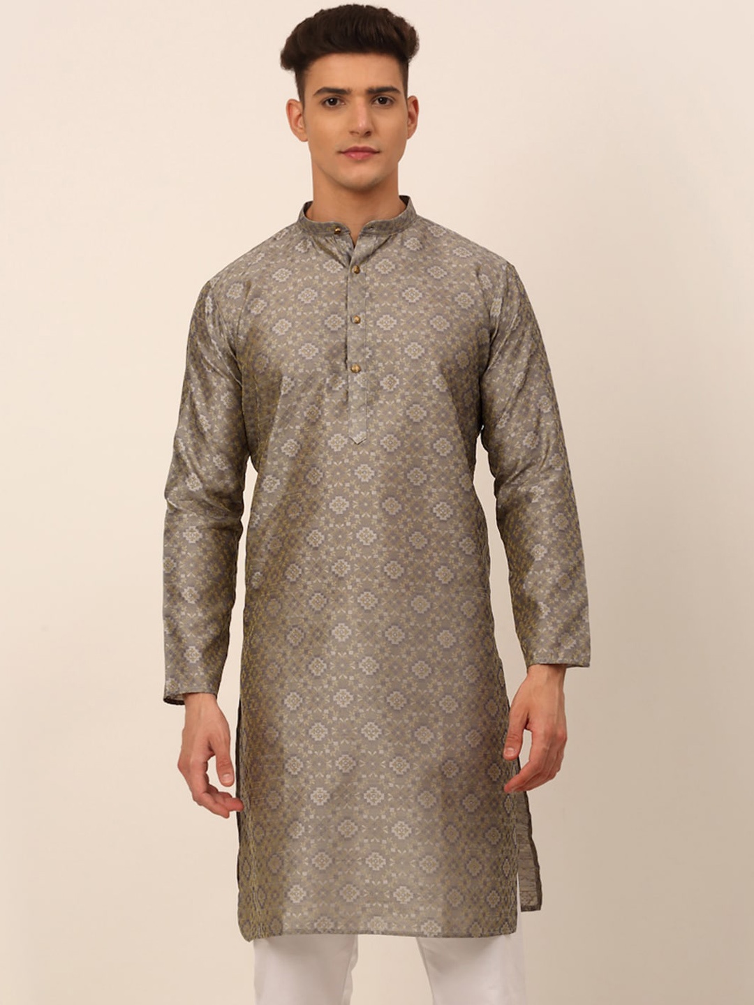 

Jompers Ethnic Motif Woven Design Mandarin Collar Kurta, Grey