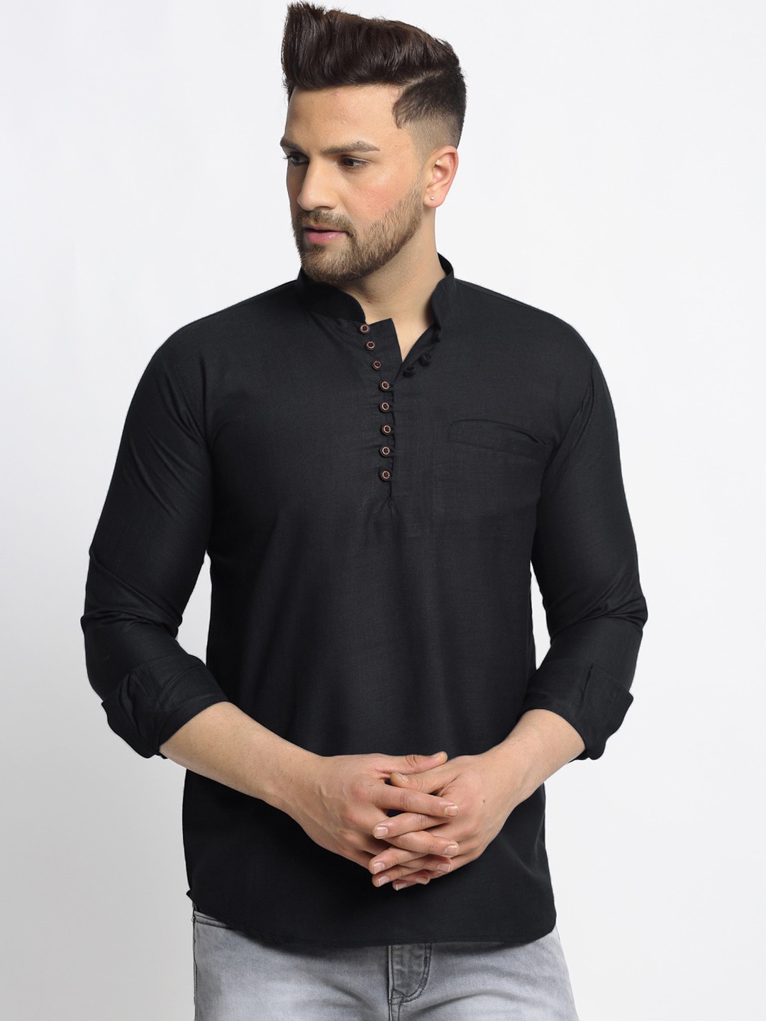 

Jompers Mandarin Collar Long Sleeves Pure Cotton Short Kurta, Black