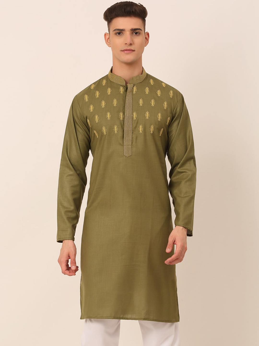 

Jompers Embroidered Mandarin Collar Thread Work Pure Cotton Straight Kurta, Olive