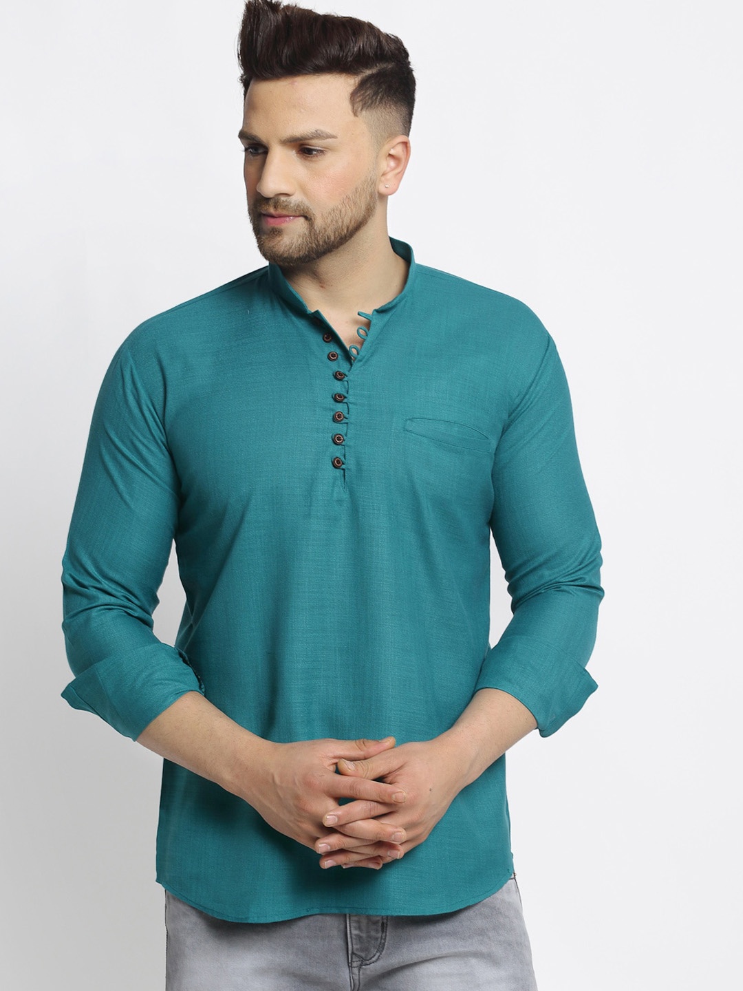 

Jompers Mandarin Collar Pure Cotton Straight Kurta, Green