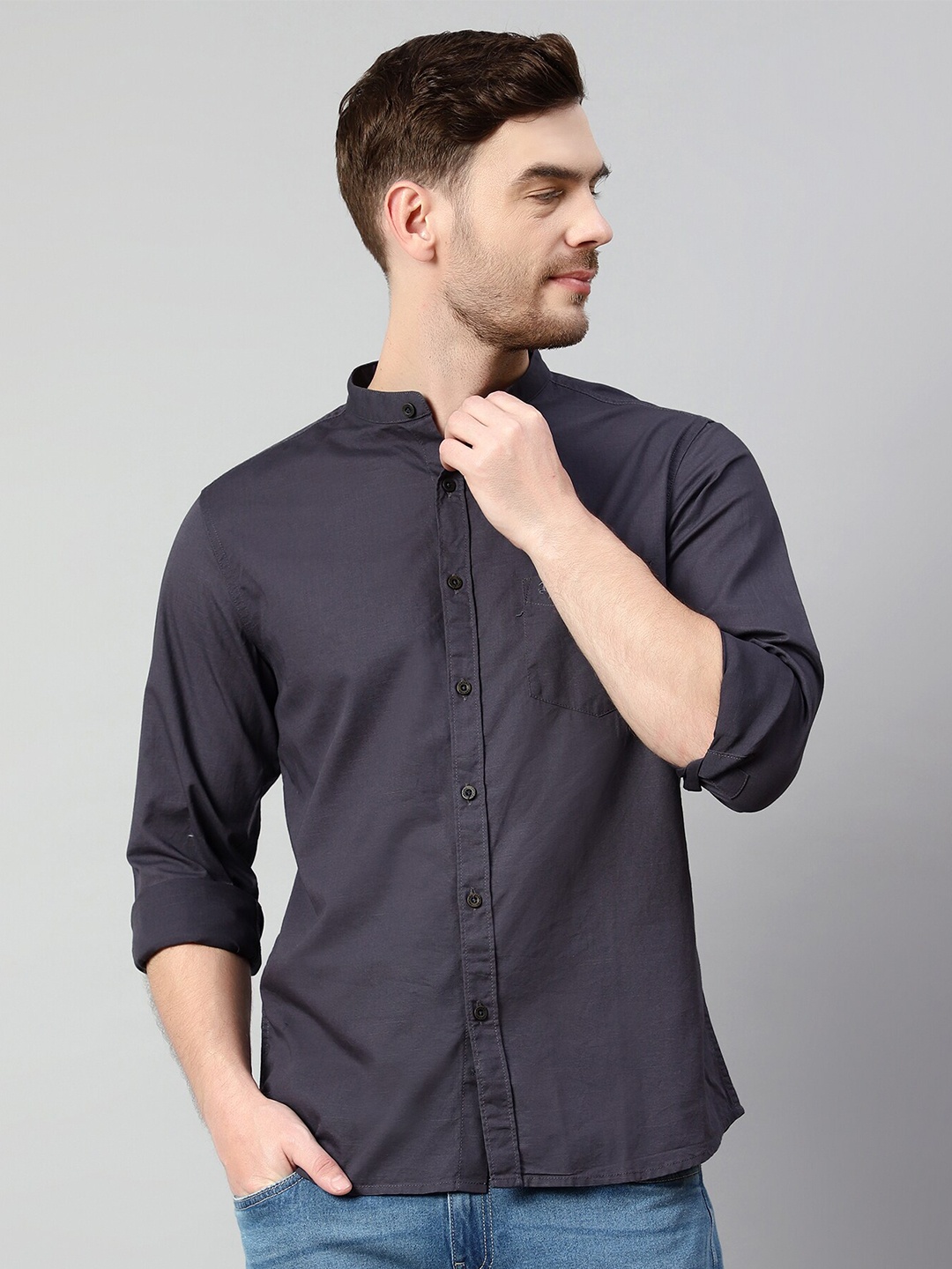 

Cantabil Mandarin Collar Cotton Casual Shirt, Grey