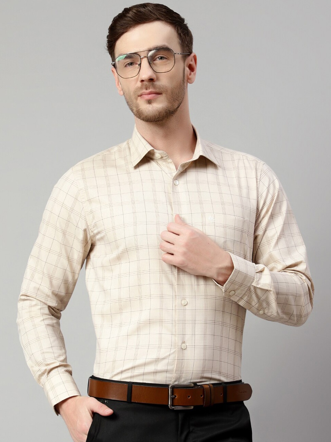 

Cantabil Grid Tattersall Checks Formal Shirt, Cream
