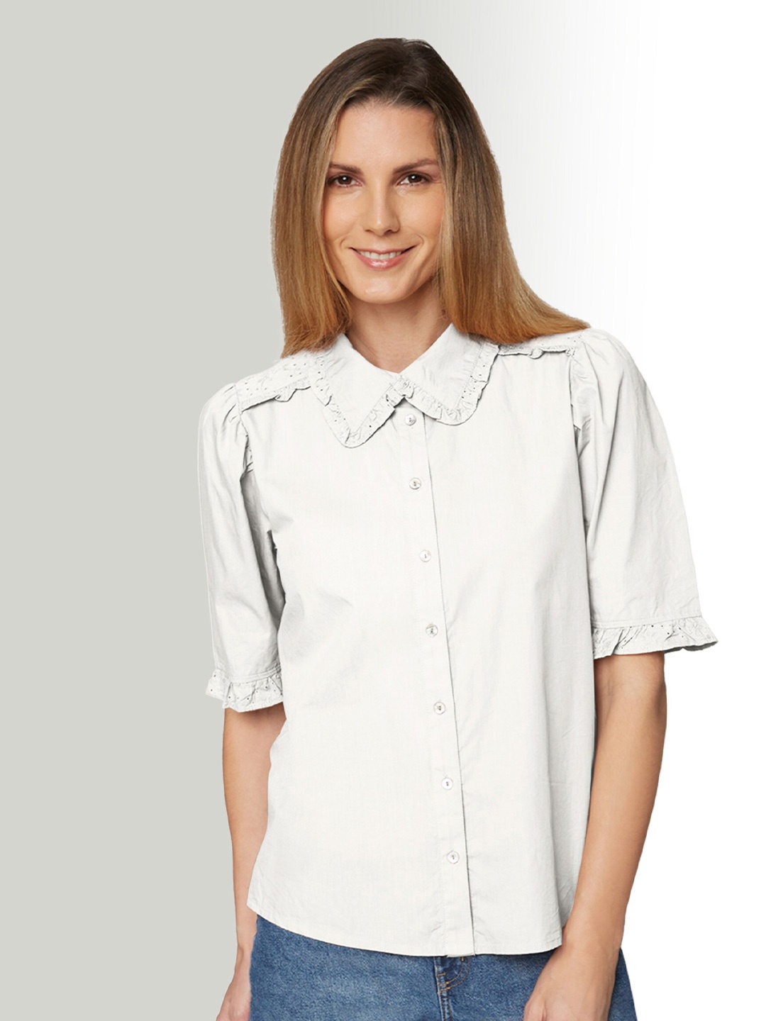 

B.Copenhagen Spread Collar Ruffled-Detail Boxy Opaque Pure Cotton Casual Shirt, Off white