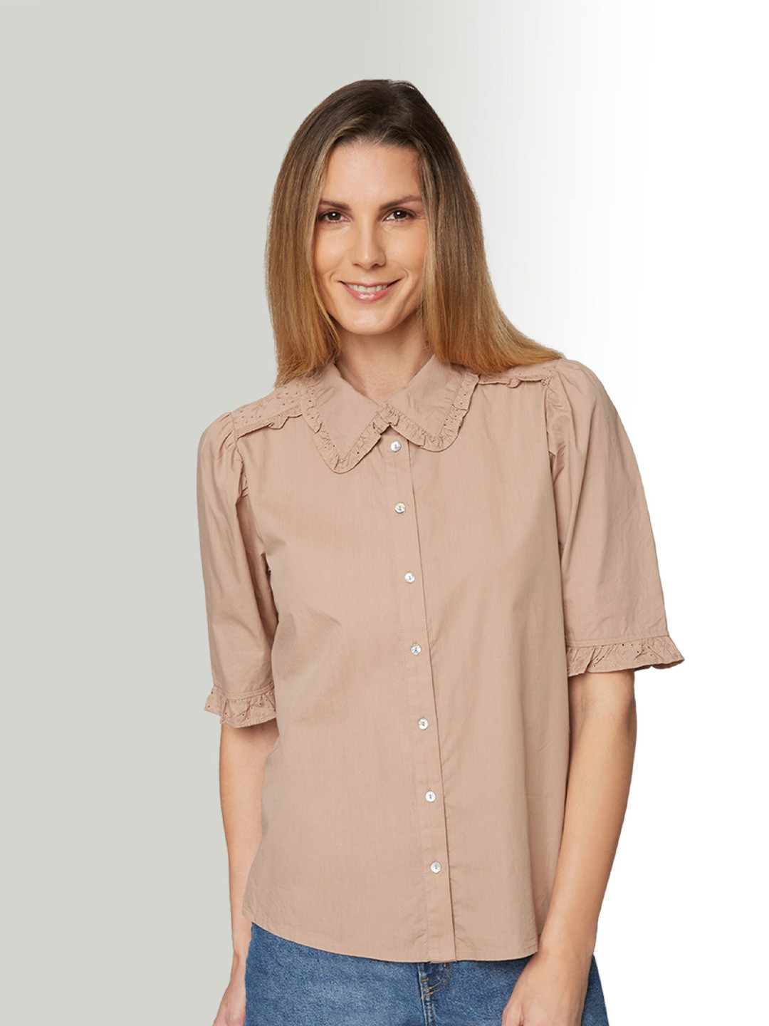 

B.Copenhagen Spread Collar Ruffled-Detail Boxy Opaque Pure Cotton Casual Shirt, Brown