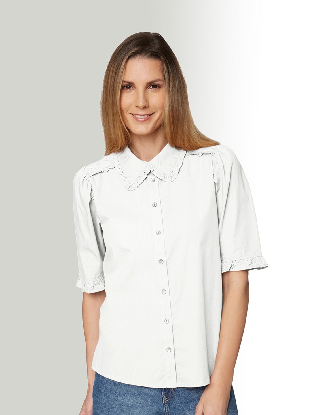 

B.Copenhagen Spread Collar Ruffled-Detail Boxy Opaque Pure Cotton Casual Shirt, White