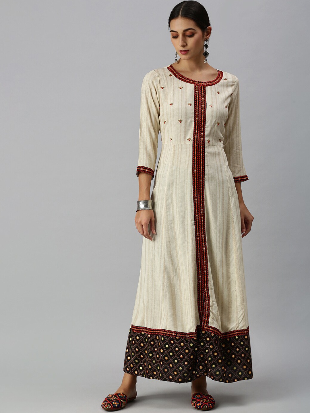 

SHOWOFF Striped Embroidered Ethnic Dress, Cream