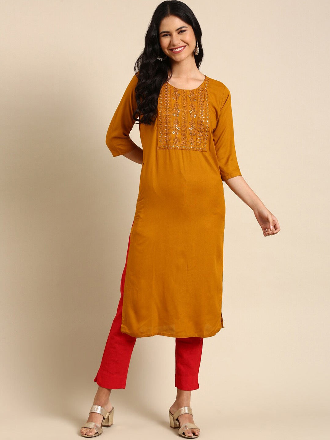 

SHOWOFF Ethnic Motifs Yoke Design Sequinned Straight Kurta, Mustard
