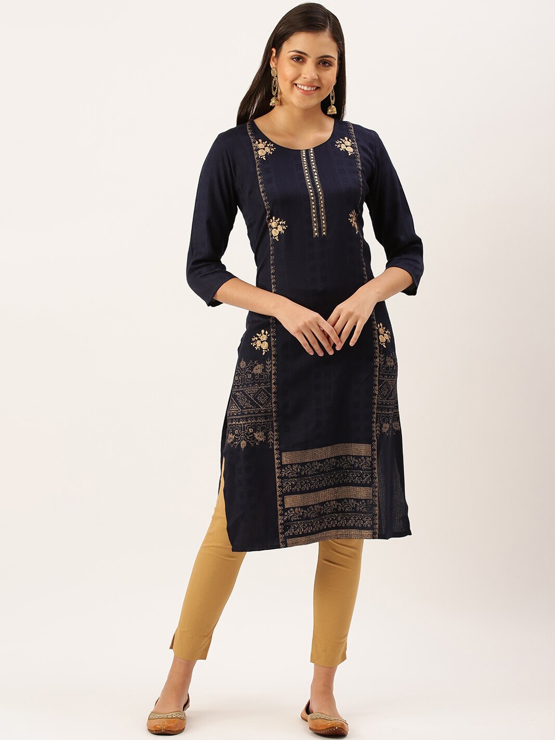 

SHOWOFF Ethnic Moifs Printed Round Neck Kurta, Navy blue