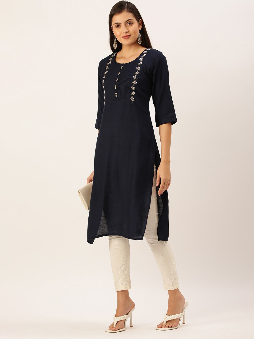 

SHOWOFF Floral Embroidered Cotton Straight Kurta, Navy blue