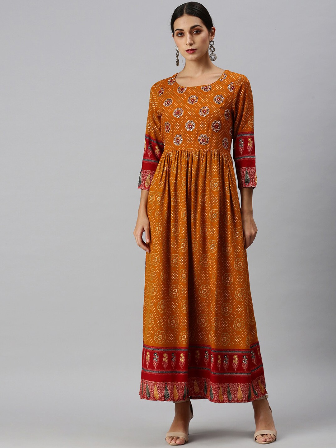 

SHOWOFF Ethnic Motifs Printed Maxi Ethnic Dress, Yellow