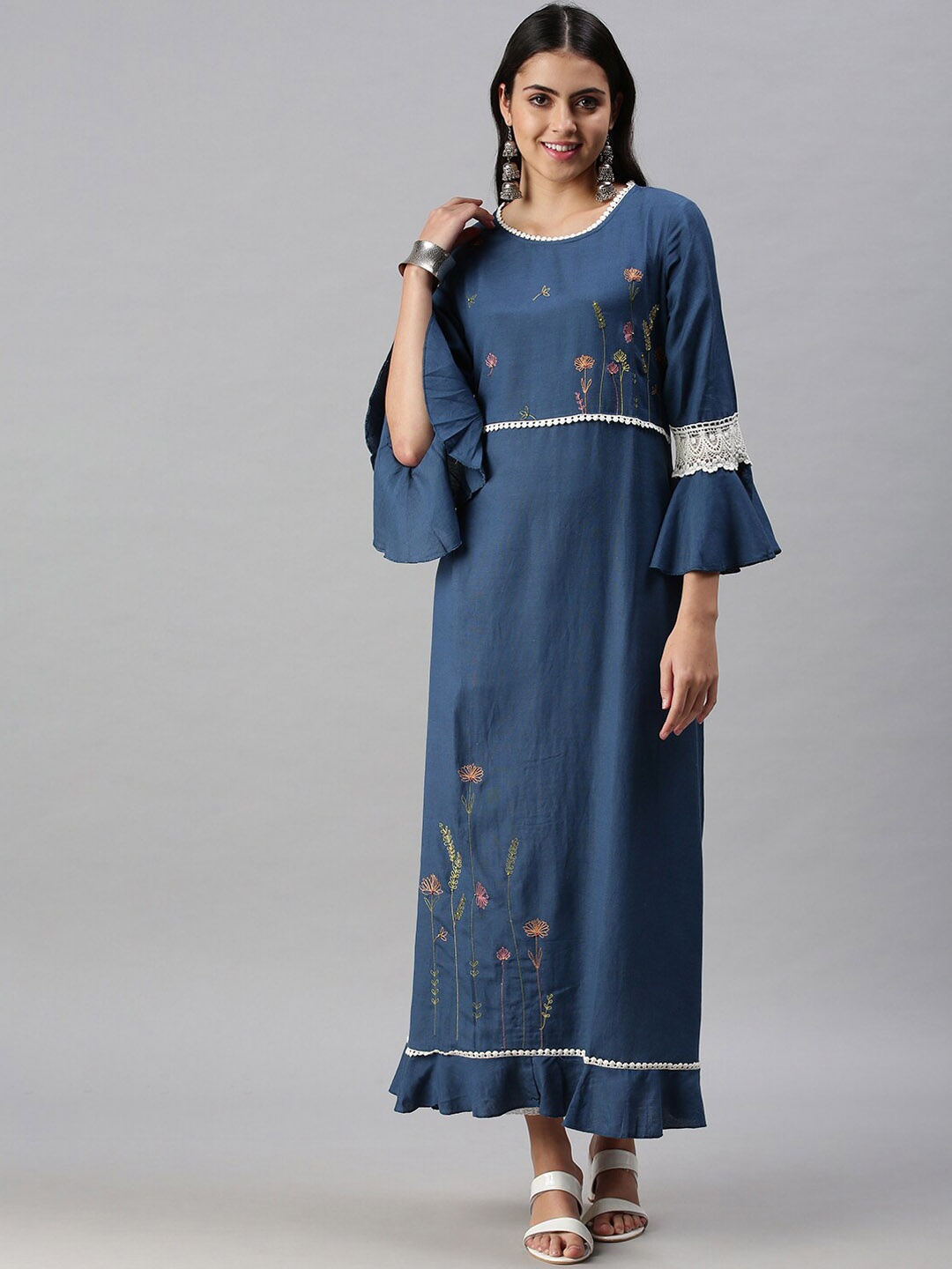 

SHOWOFF Floral Embroidered Cotton A-Line Kurta, Navy blue