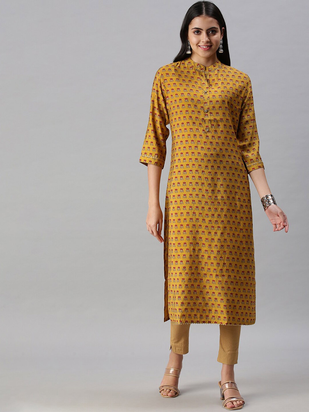 

SHOWOFF Floral Printed Mandarin Collar Gotta Patti Kurta, Mustard