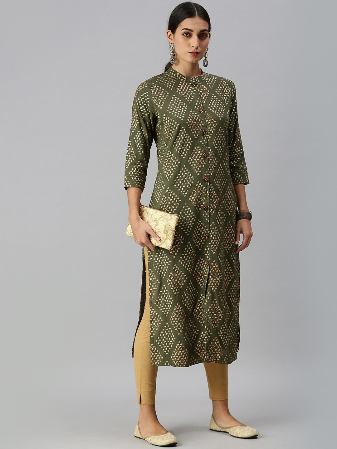 

SHOWOFF Bandhani Printed Mandarin Collar Cotton Straight Kurta, Green