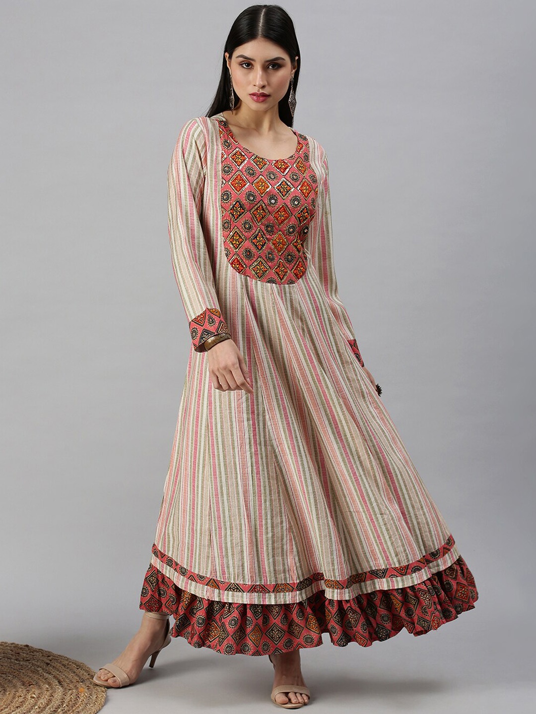 

SHOWOFF Striped Sequinnned Ethnic Dress, Cream