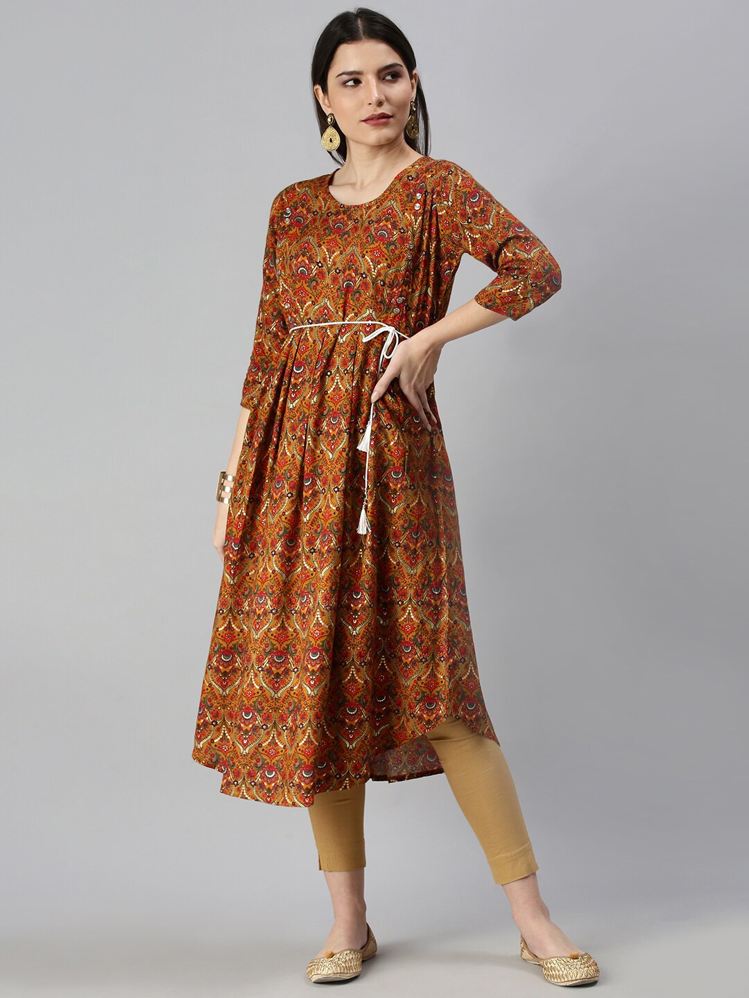 

SHOWOFF Ethnic Motifs Printed Cotton A-Line Kurta, Mustard