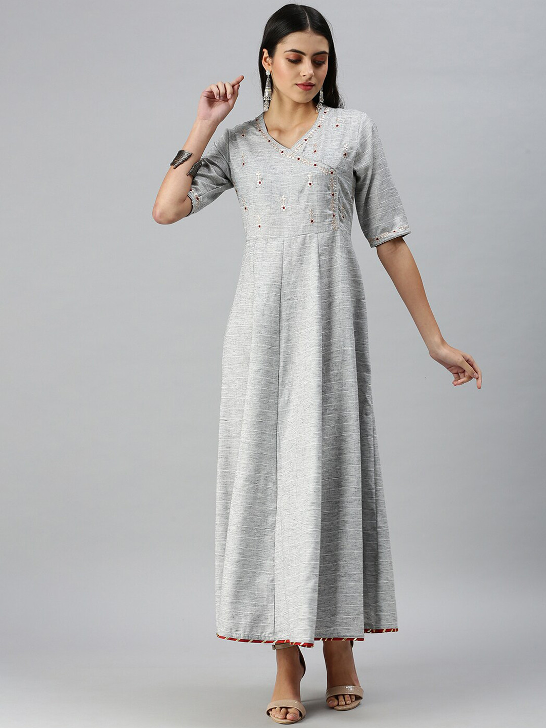 

SHOWOFF Striped Embroidered V-Neck Wrap Ethnic Dress, Grey