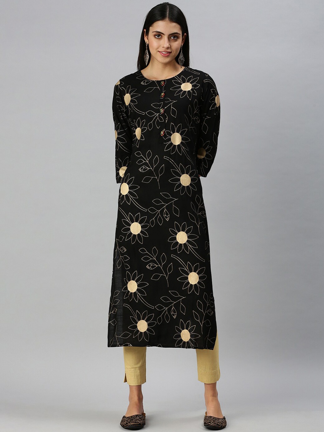 SHOWOFF Floral Foil Printed Round Neck Cotton Straight Kurta, Black
