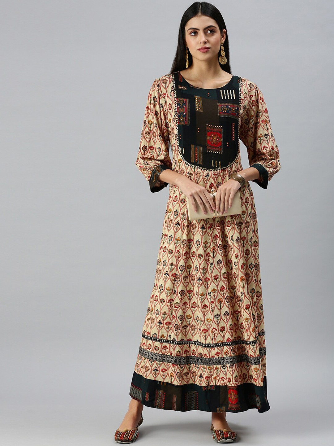 

SHOWOFF Floral Printed Puff Sleeves Sequinnned A-Line Ethnic Dress, Beige