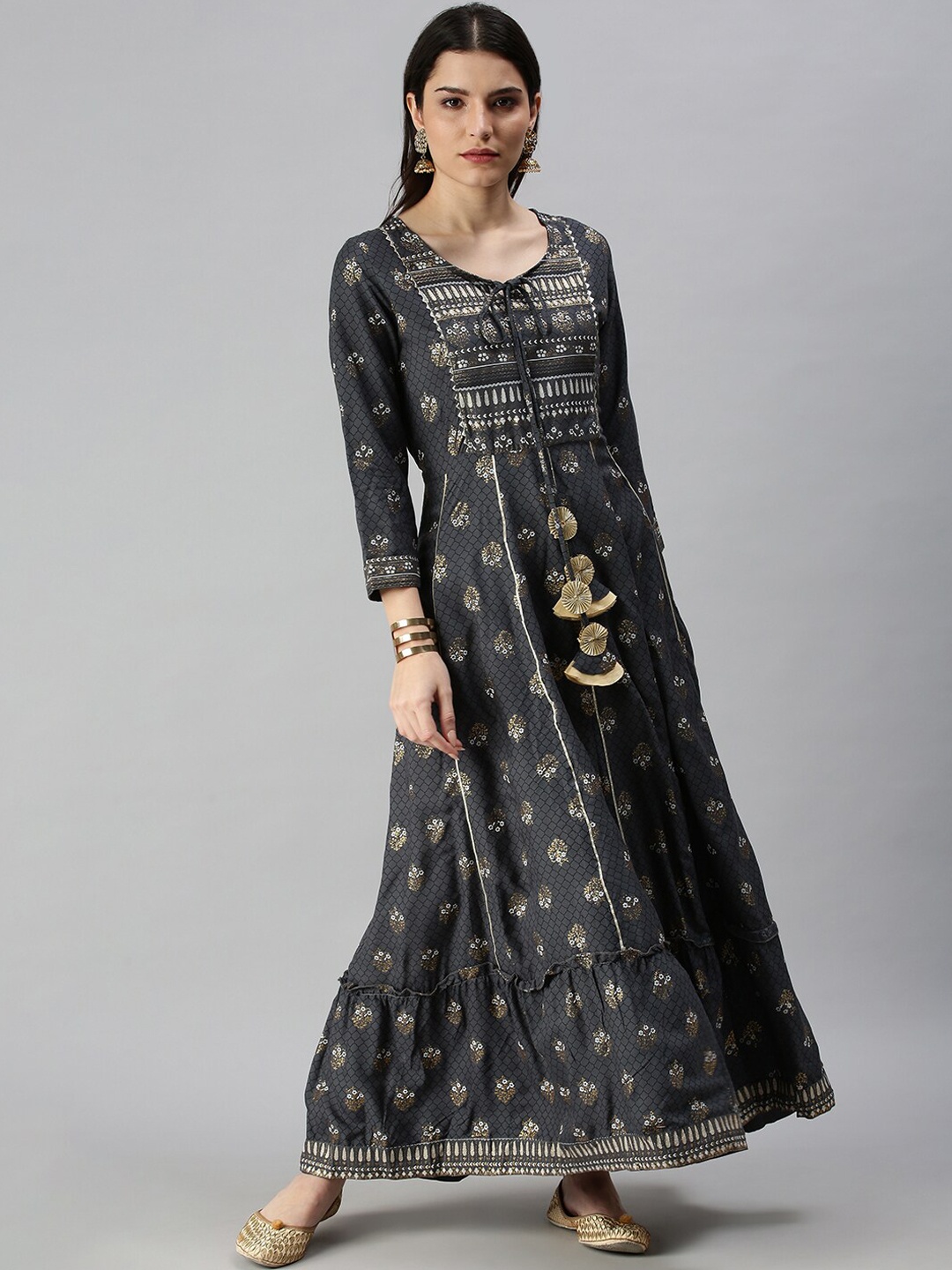 

SHOWOFF Ethnic Motifs Printed Tie Up Neck Gotta Patti A-Line Ethnic Dress, Grey