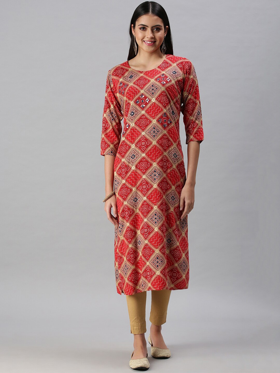 

SHOWOFF Bandhani Printed Mirror Work Kurta, Red
