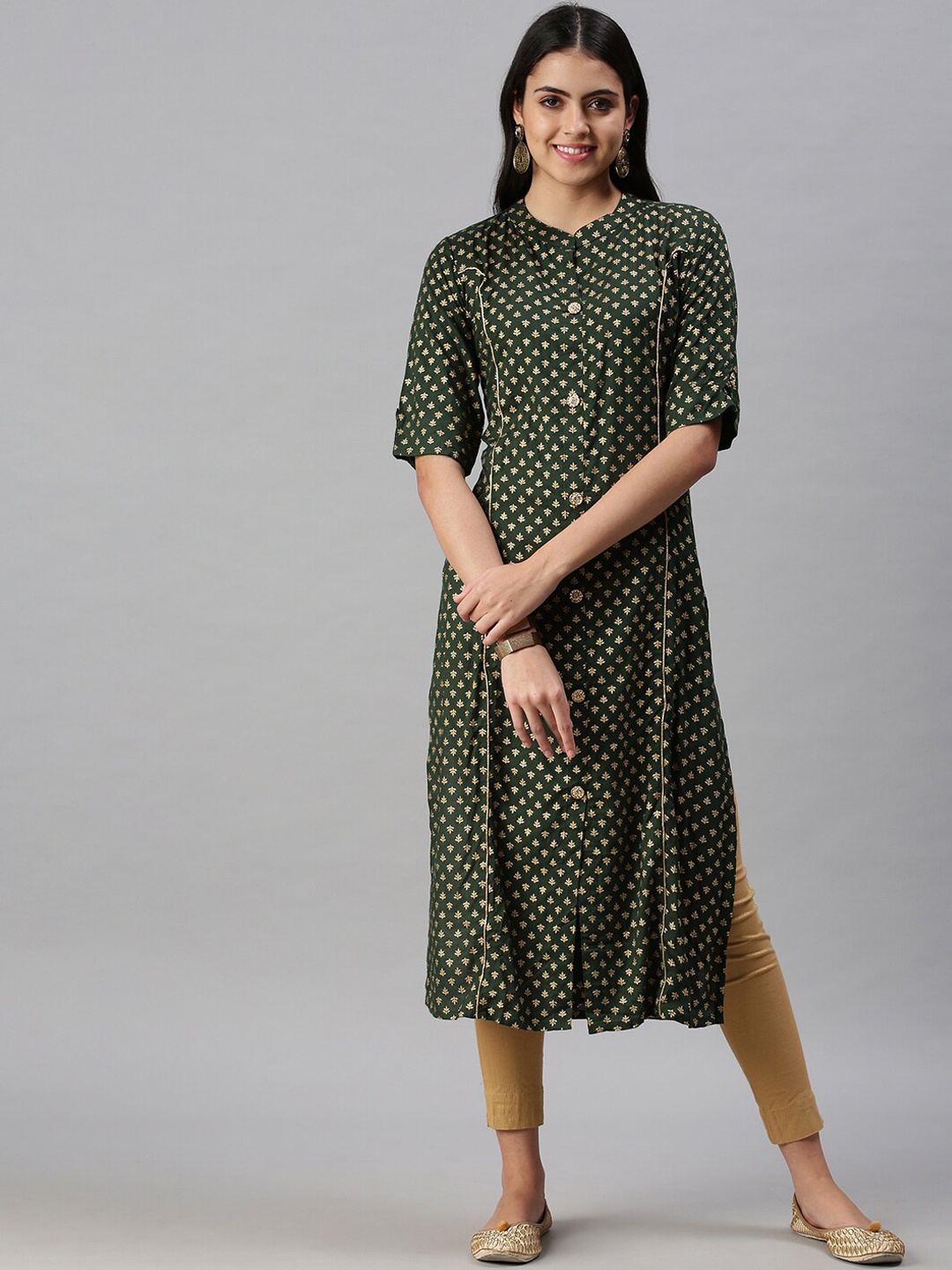 

SHOWOFFFloral Printed Zari Mandarin Collar Cotton Kurta, Green