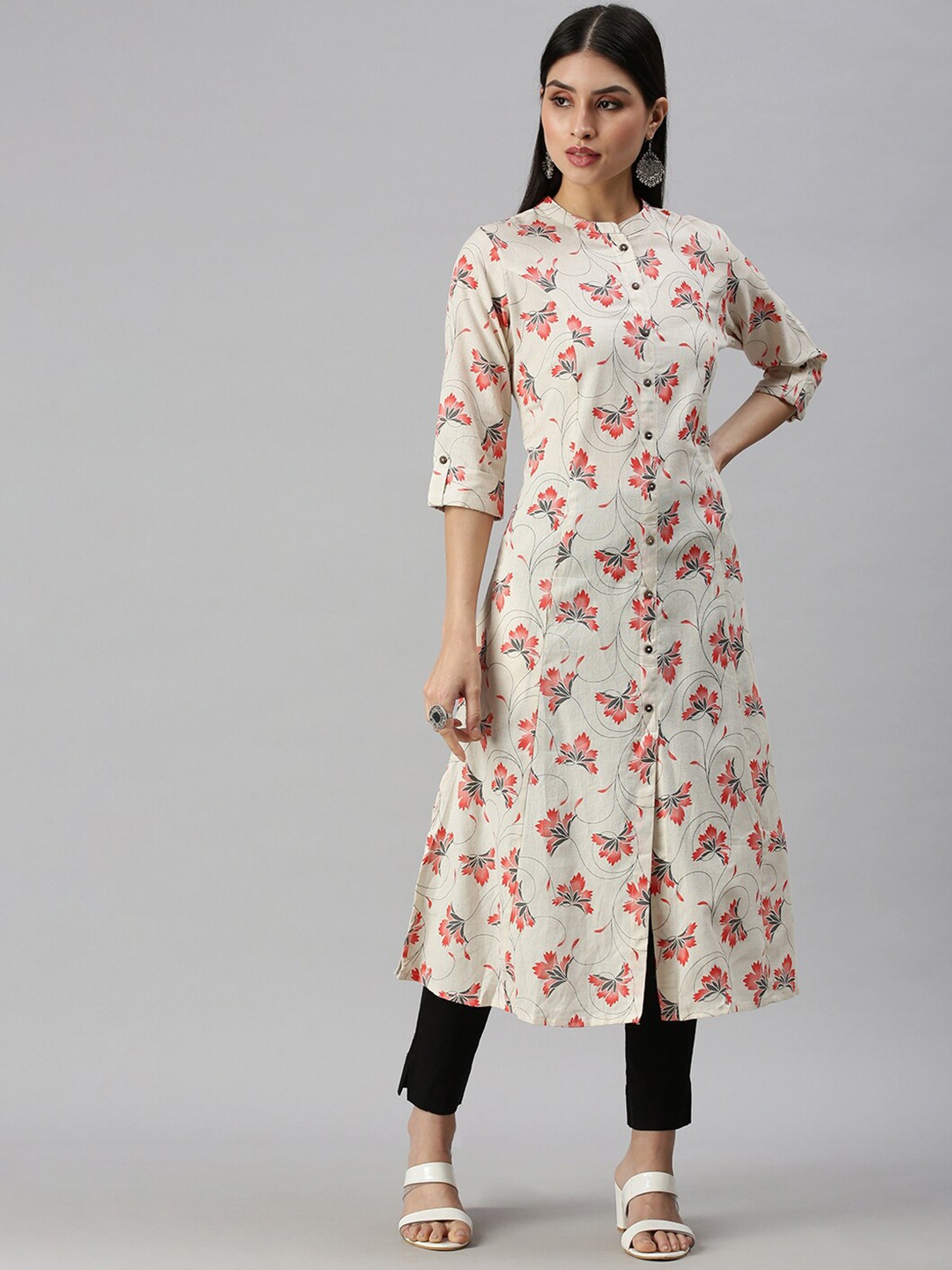 

SHOWOFF Floral Printed Band Collar Roll Up Sleeves Kurta, Cream