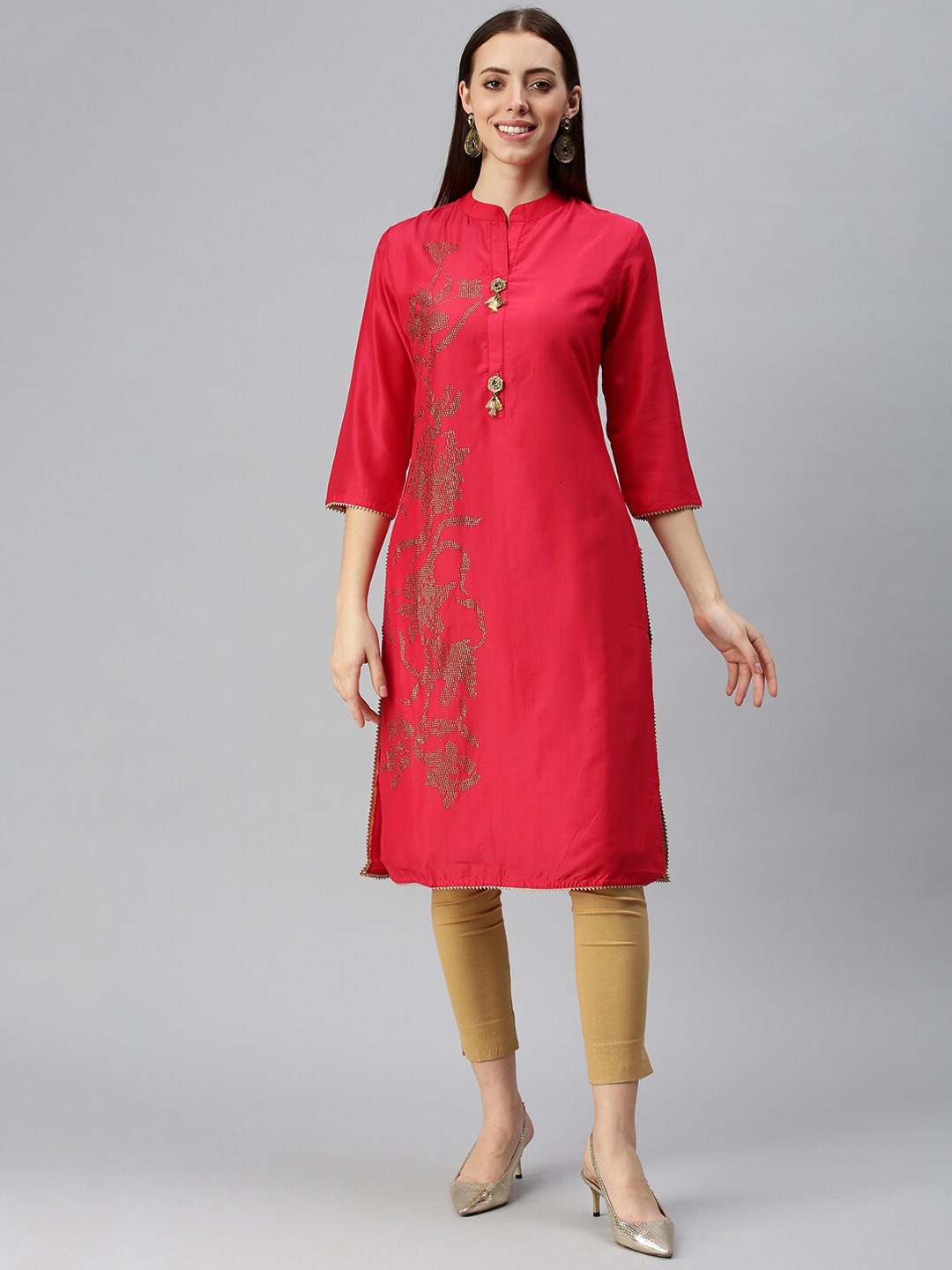 

SHOWOFF Floral Printed Embellished Mandarin Collar Straight Kurta, Pink